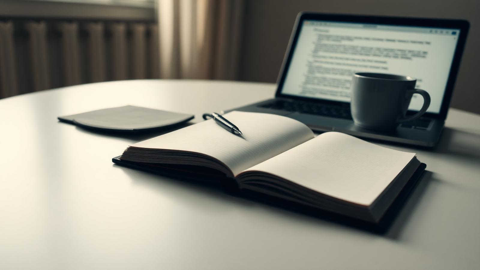 A minimalist home office desk with a laptop displaying a structured collaborative writing interface and a coffee cup.
