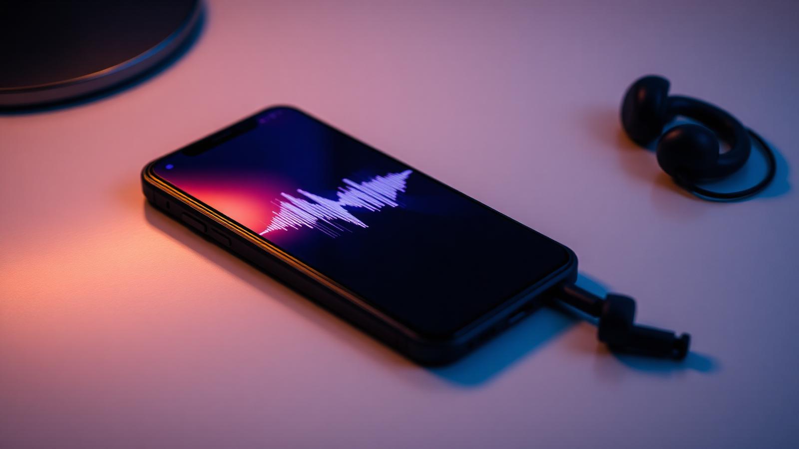 A professional desk setup showing a smartphone with the ChatGPT advanced voice mode waveform animation active.