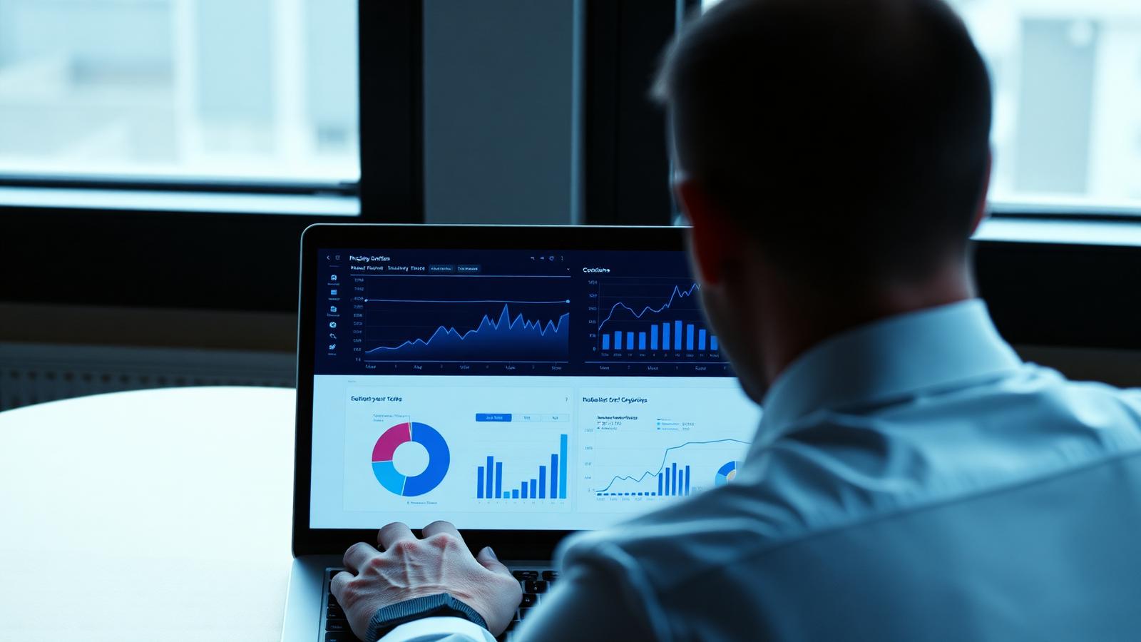 A professional looking at a laptop screen displaying a ChatGPT data visualization dashboard with clean charts.