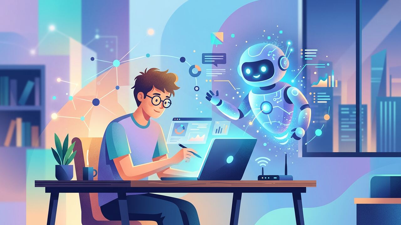 Student studying with laptop and AI assistant