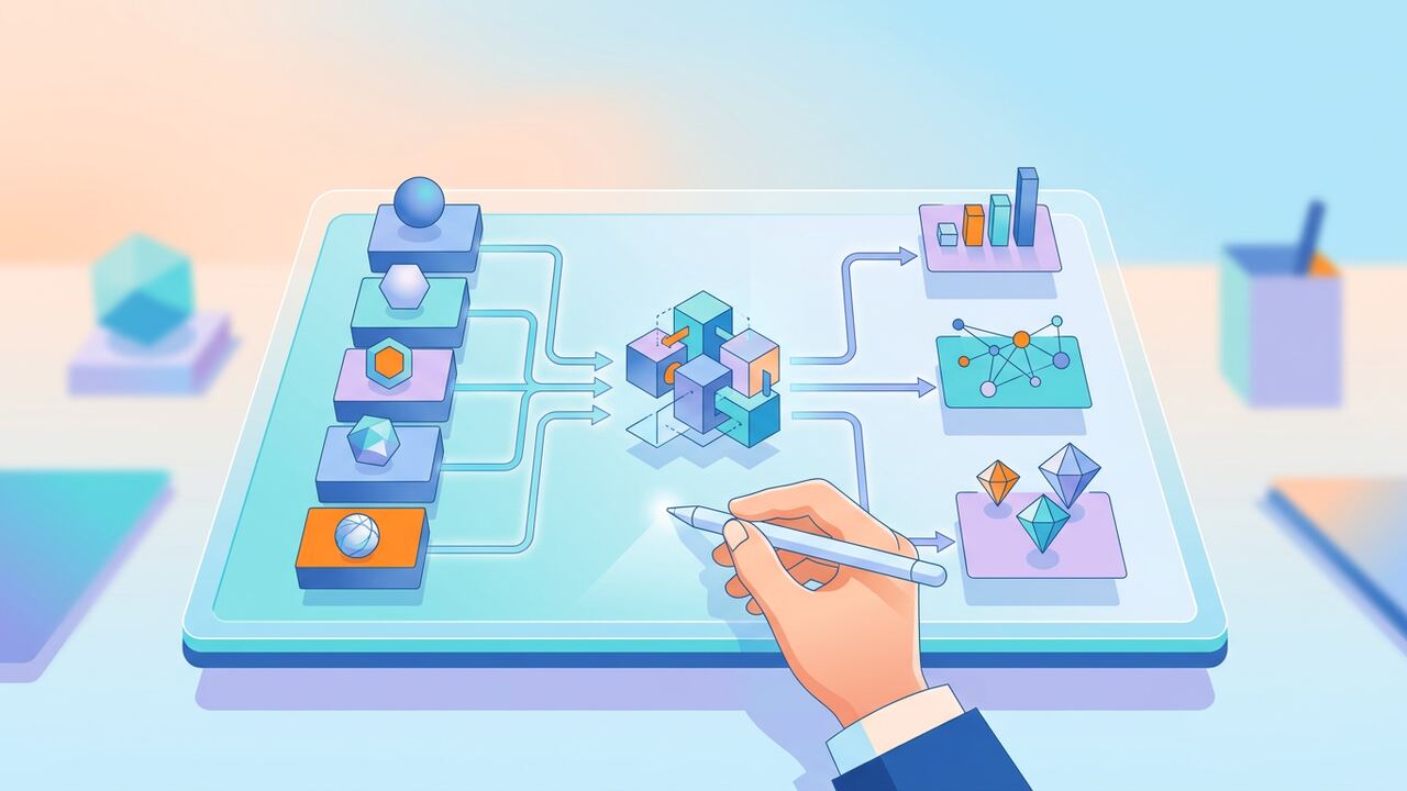 Workspace illustration showing a prompt engineering framework on screen