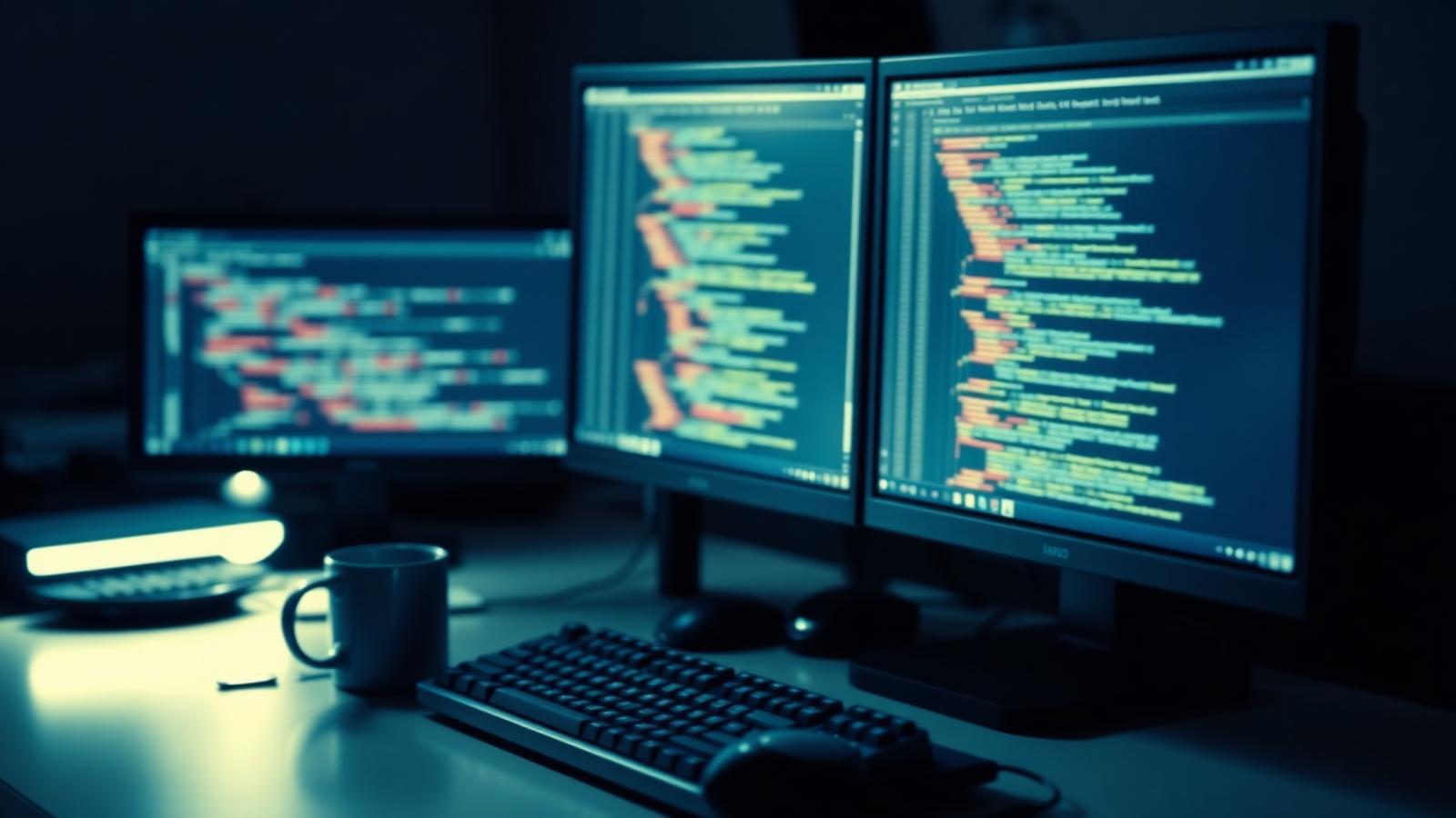 A professional developer workstation showing three monitor setups comparing different AI IDE code generation interfaces.