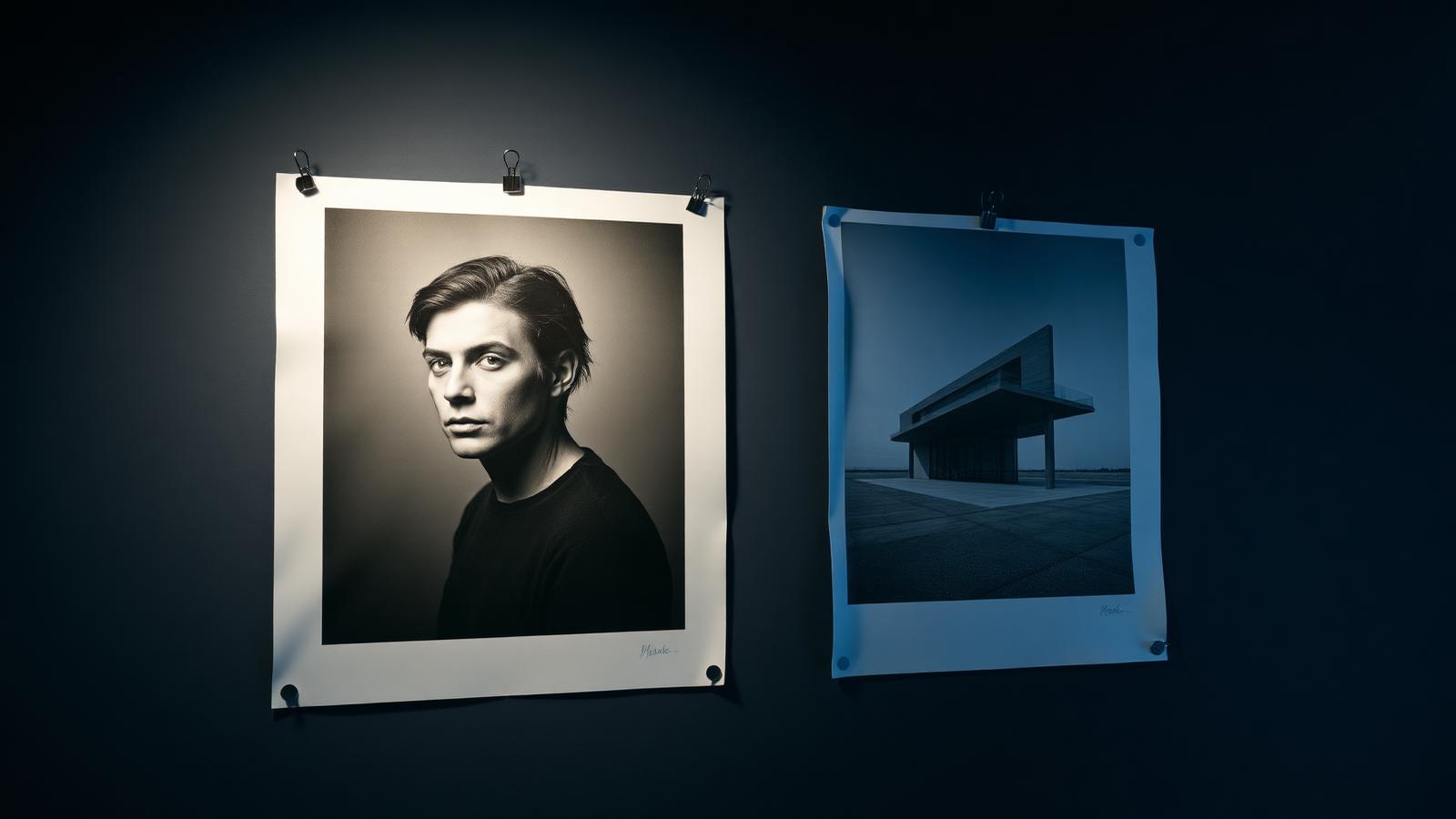 Side by side comparison of a high-fashion photograph generated by Midjourney v7 and an architectural render by FLUX 1.1 Pro.