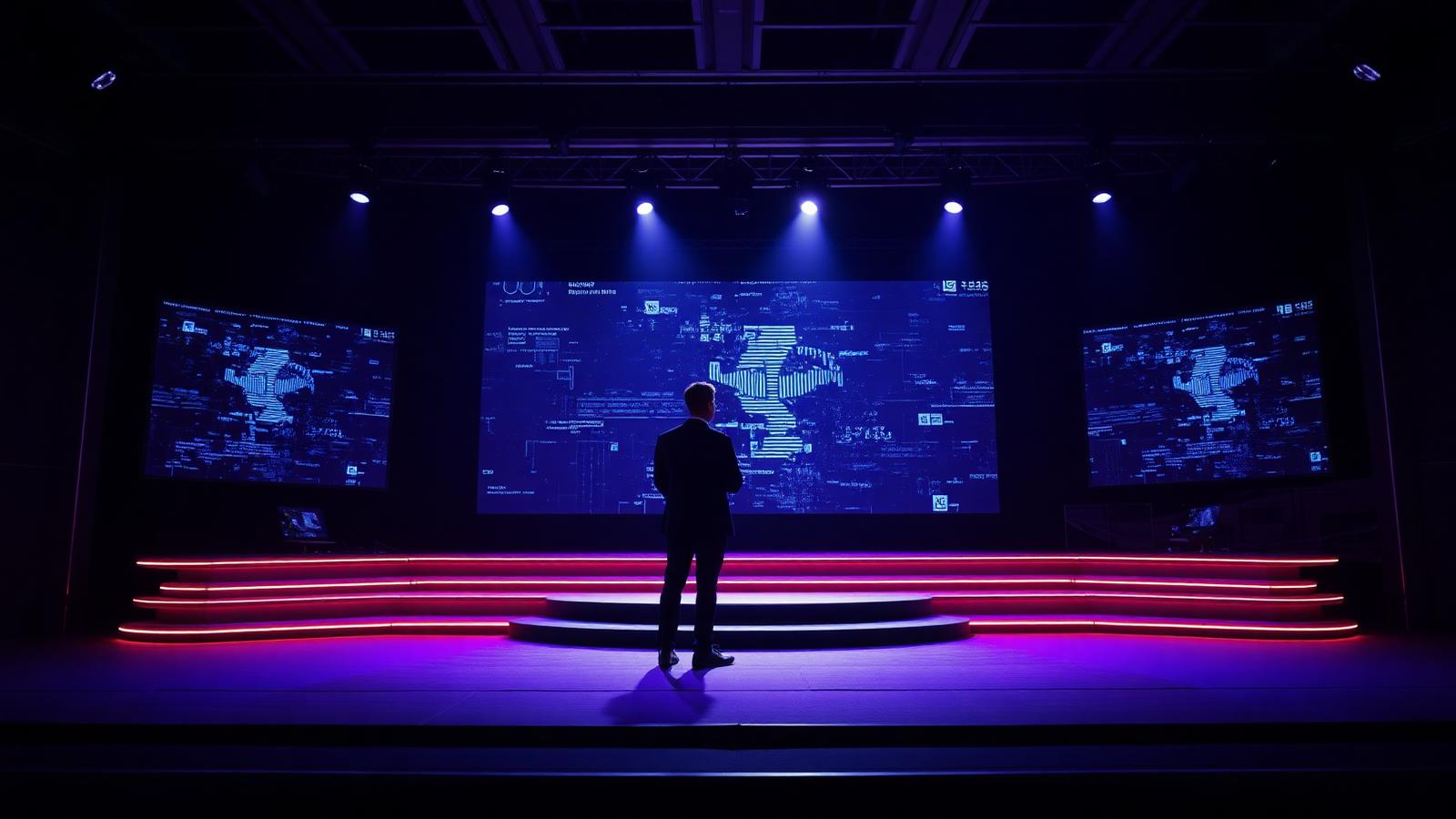 A futuristic stage setup at OpenAI DevDay 2026 featuring holographic displays of neural network architectures.