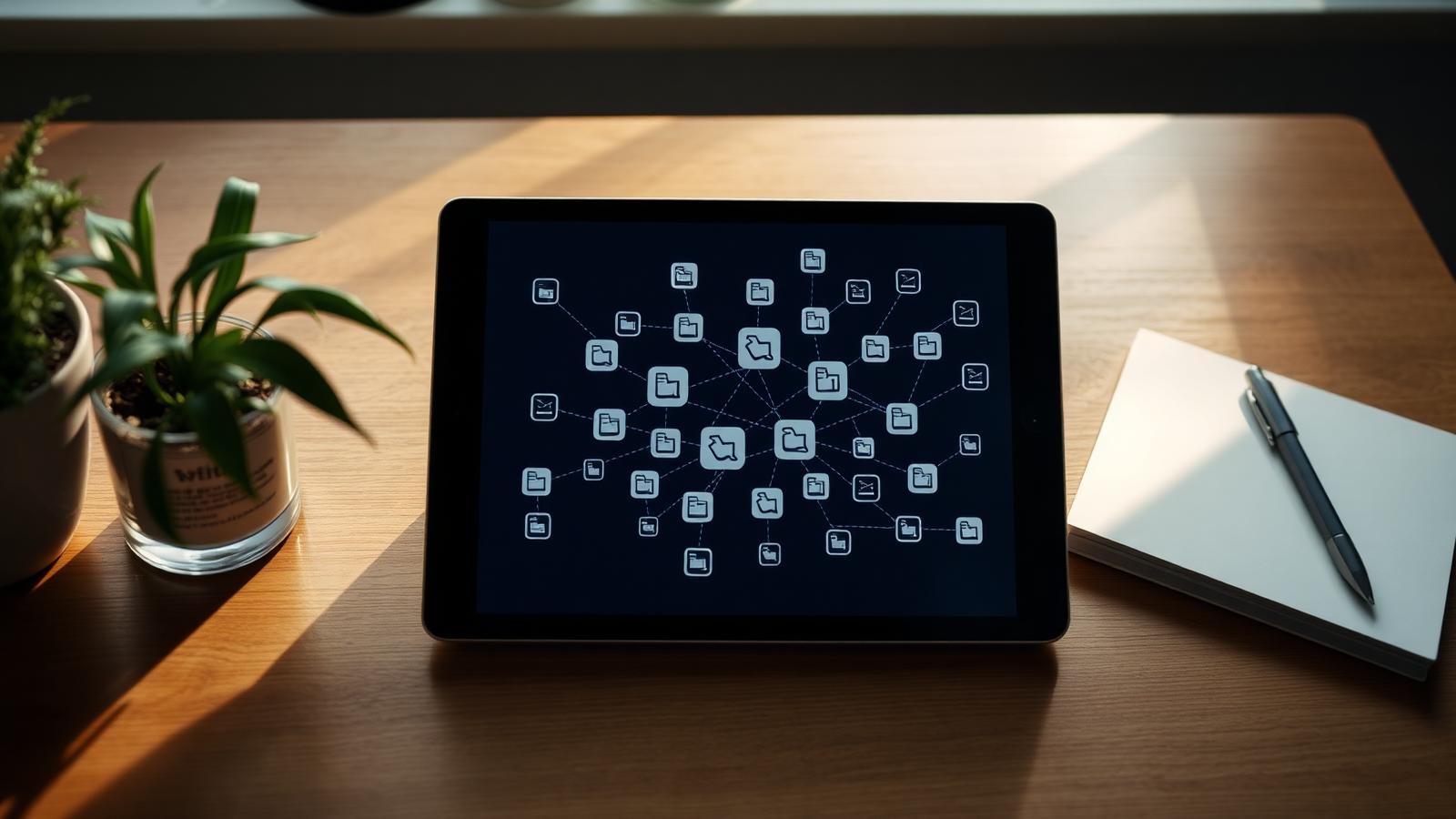 A clean digital workspace showing a neural network visualization connecting various document icons on a tablet screen.